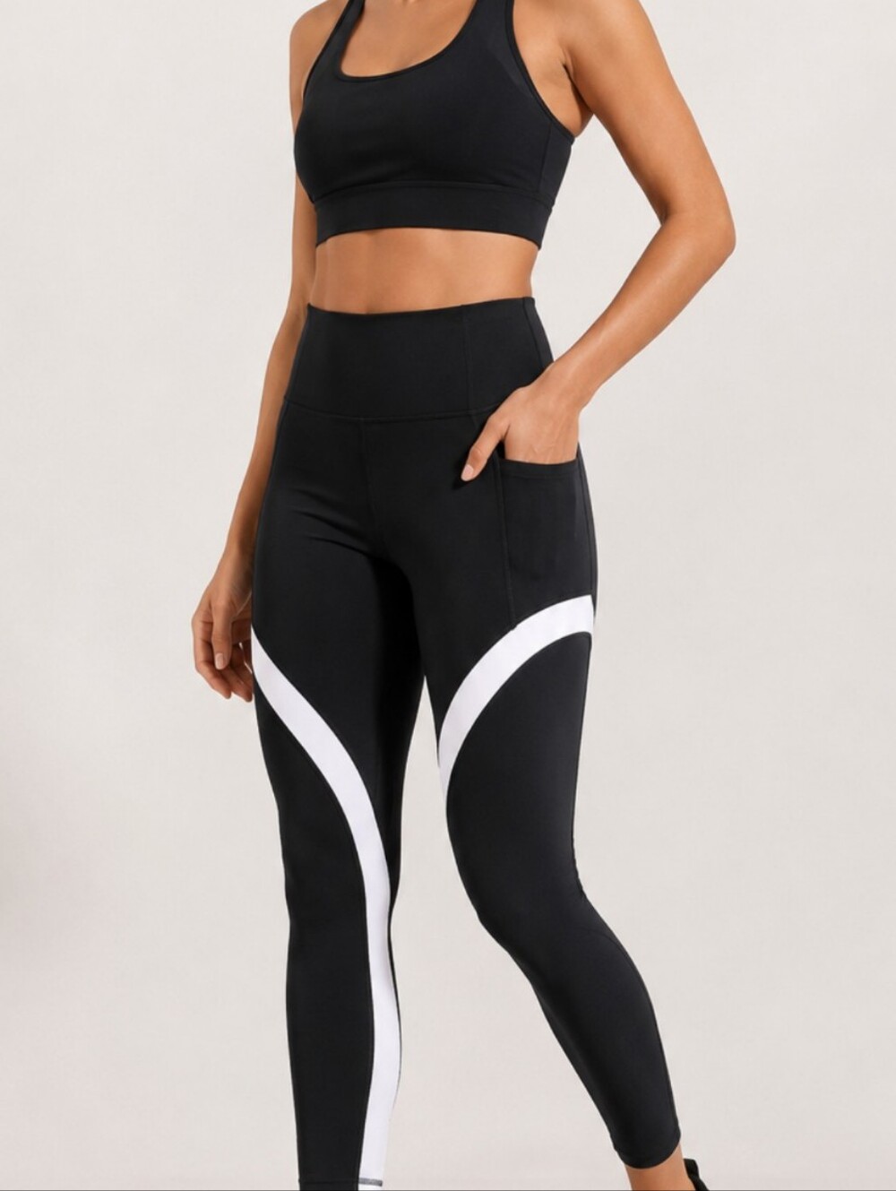Athleta Salutation Stash Pocket 7/8 Tights Black White Colorblock Leggings M